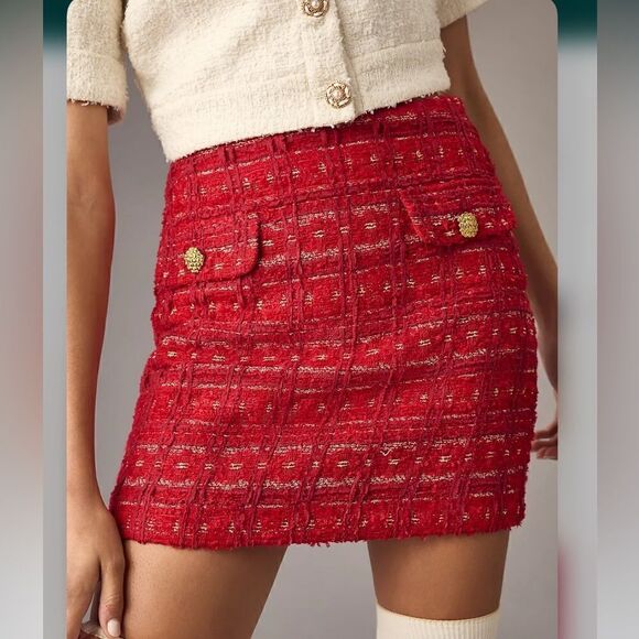 Anthropologie Endless Rose Red Tweed Gold Sparkle Holiday Mini Skirt - Picture 1 of 15